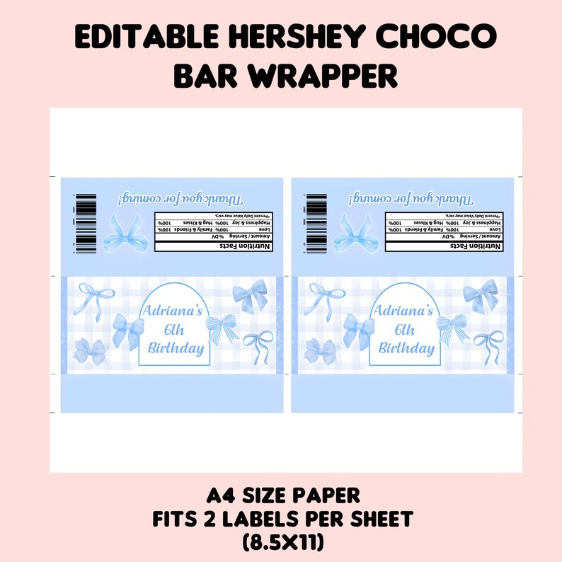 Coquette Blue Bow Chocolate Wrapper Template, Blue Ribbon Birthday ...