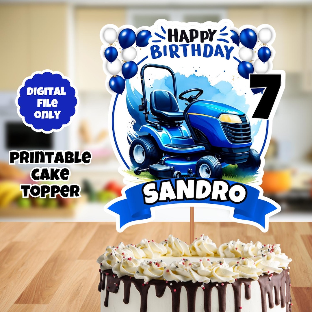 Lawn Mower Cake Topper, Blue Lawnmower Birthday Cake Topper, Glitter ...