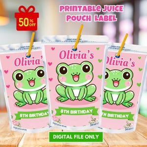 May include: Printable juice pouch label featuring a cartoon frog with pink hearts and the text "Olivia's 8th Birthday". The label is designed for a 200 ml juice pouch.