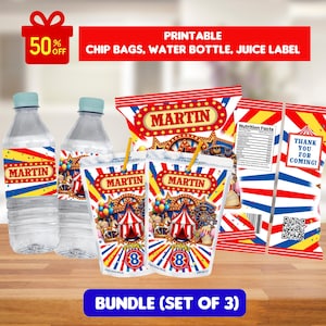 May include: A bundle of printable party supplies featuring a circus theme. Includes water bottles, chip bags, and juice pouches, all with the name "Martin" and circus graphics. The design incorporates red, white, blue, and yellow colors. The text "BUNDLE (SET OF 3)" is visible.