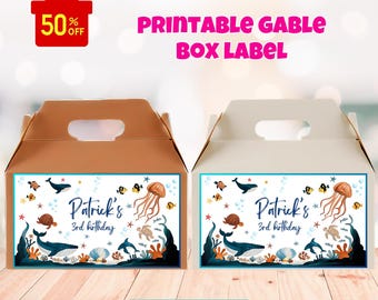 May include: Printable gable box labels featuring an under the sea theme with a whale, jellyfish, sea turtles, and starfish. The labels say "Patrick's 3rd birthday".