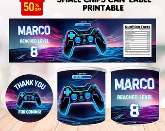 Envoltorio de lata de papas fritas para gamers, etiqueta editable de Pringles para videojuegos, fiesta de cumpleaños gamer, etiqueta para lata de papas fritas de 1.3 oz para fiesta de cumpleaños gamer