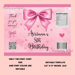 May include: A pink birthday party invitation template with a large pink bow and the text "Arriana's 8th Birthday." The design includes hearts, a QR code, and the words "Thank you for coming!" The template is 8.5" x 11" inches.