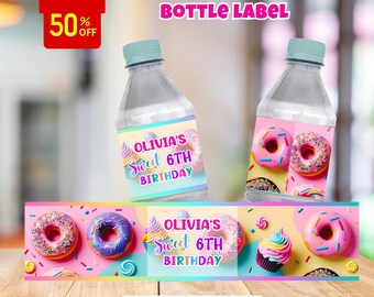 Étiquette de bouteille d'eau Sweet Birthday Girl Birthday Sweet Celebration Bonbons Cupcake Donut Emballage d'eau douce Téléchargement imprimable