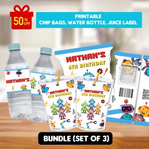 May include: A bundle of printable party supplies featuring a robot theme. Includes water bottles, chip bags, and juice labels, all personalized with "Nathan's 6th Birthday." The design incorporates robots, tools, and a vibrant color scheme.