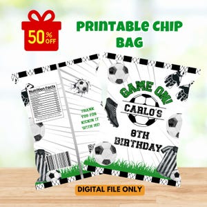 May include: Printable chip bag design with a football theme. The bag features footballs, a football boot, and the text "Game On! Carlo's 8th Birthday." The design includes a 50% off gift box and the words "Digital File Only."