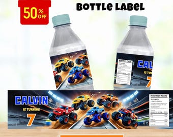 Editable Monster Truck Water Bottle Wrap, DIY Water Bottle Label, Monster Truck Label, Megalodon, Party Decor, Monster Jam, Instant Download