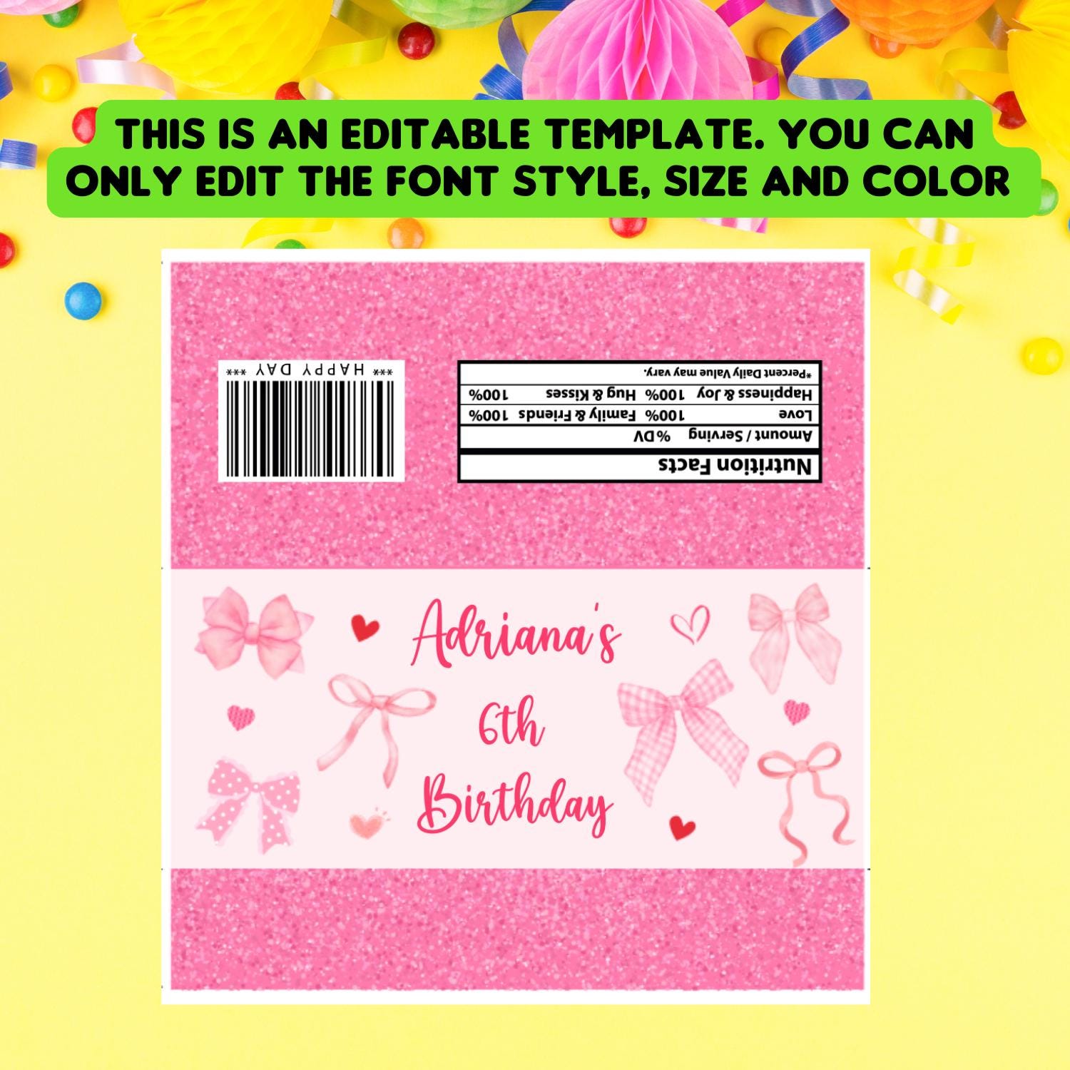 Pink Ribbon Wrapper Coquette Pink Bow Chocolate Wrapper Template, Pink Ribbon Birthday ...