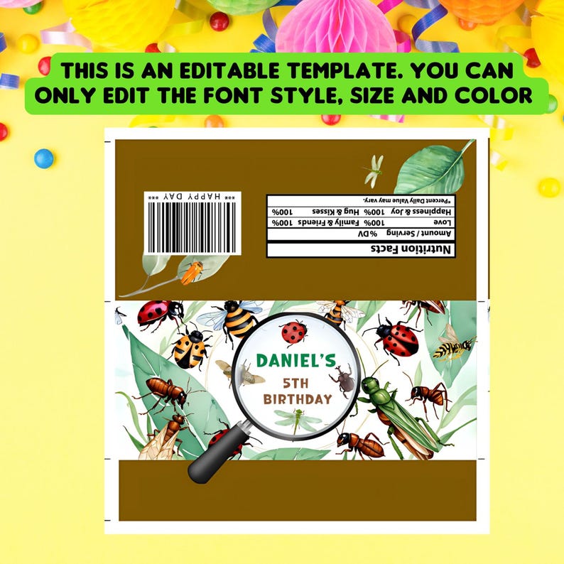 Editable Bug Insect Birthday Chocolate Wrapper, Insect Birthday Party ...