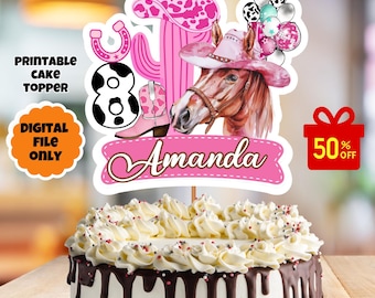May include: Printable cake topper featuring a pink and white cowgirl hat, a cactus, a horseshoe, a number 8, a brown horse, and the name "Amanda".