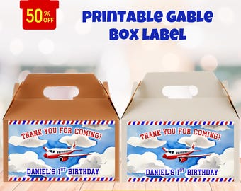 May include: Printable gable box label with a blue and red airplane design. The label says "Thank you for coming!" and "Daniel's 1st Birthday".