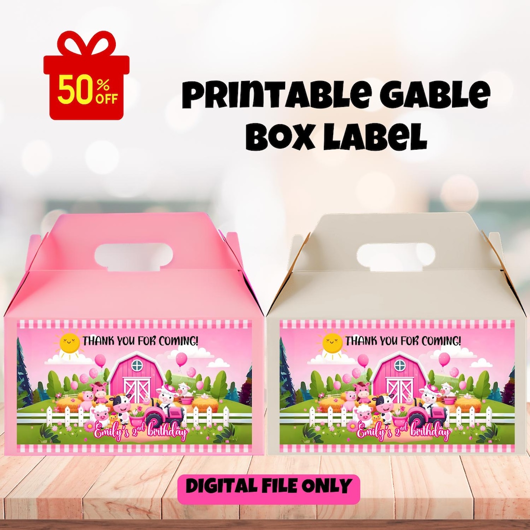 Editable Farm Birthday Gable Gift Box Label, Barnyard Birthday Party ...