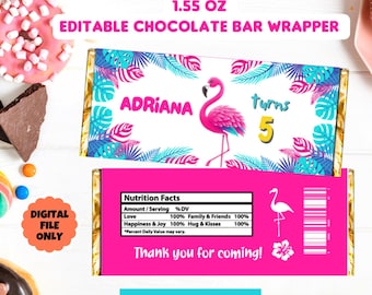 May include: A pink chocolate bar wrapper with a flamingo design. The wrapper says "ADRIANA turns 5" and "Thank you for coming!" The wrapper is 1.55 oz and has a nutrition facts label.