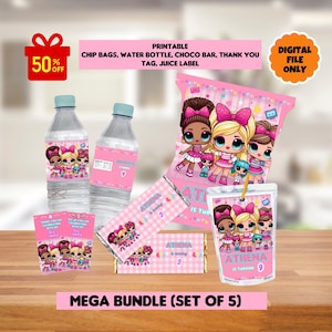 以下が含まれることがあります： ピンクとブルーを基調とした、大きな目をした女の子の漫画の画像が描かれた印刷可能なパーティー用品。セットには、チップス袋、水筒ラベル、チョコレートバー包装紙、サンキュータグ、ジュースボックスラベルが含まれています。ラベルには「ATHENA IS TURNING 9」の文字が記載されています。