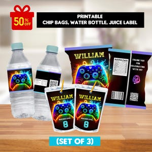 Verjaardagsbundel gamer, bewerkbare verjaardagsset videogame, chipzakje, sapzakje, waterfles, feestbundel, digitale instant download
