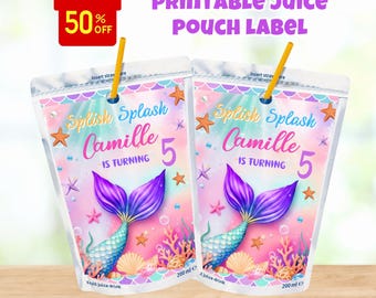 May include: Two printable juice pouch labels with mermaid tail designs. The labels feature the text "Splish Splash Camille is turning 5" and include starfish and seashell graphics. Each pouch holds 200 ml of juice. The text "Digital File Only" is also included.