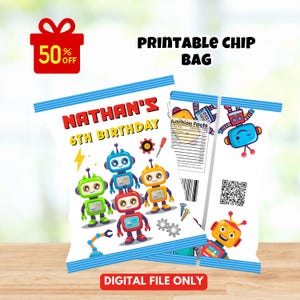 Confezione per sacchetti di patatine a tema robot per feste di compleanno, confezione per snack robotici, etichette personalizzate per feste, bomboniere stampabili (download digitale)