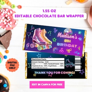 Könnte beinhalten: Schokoladenriegelverpackung mit Neon-Design mit Rollschuhen, Sternen und dem Text "Madison's 8th Birthday". Die Verpackung enthält Nährwertangaben und den Text "Thank You For Coming!". Die Verpackung ist 44 Gramm.