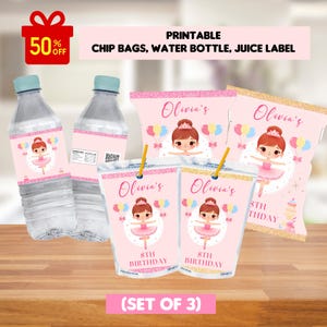 editable ballerina birthday party bundle labels template, ballet chip bag, water bottle, juice pouch, ballet birthday printable party labels