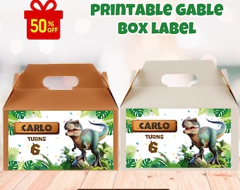 May include: Two gable boxes with labels featuring a cartoon dinosaur, the name "CARLO", and the number "6". The boxes are brown and white, with the text "PRINTABLE GABLE BOX LABEL" and "DIGITAL DOWNLOAD". A red gift box with "50% OFF" is in the corner.