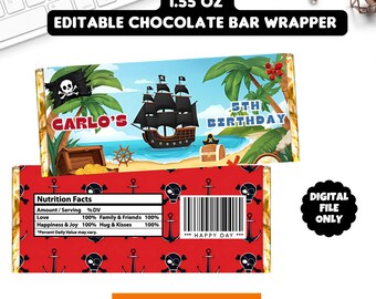 Editable Pirate Birthday Party Chocolate Wrapper Pirate Wrappers Candy Wrappers Personalized Pirate Wrappers Printable Wrappers