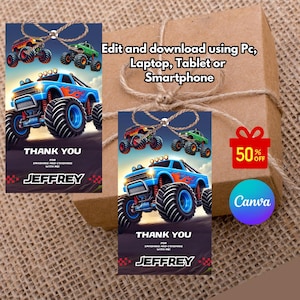 editable Monster Truck Thank you Tags, Monster truck Thank you tag, favor thank you tag, goodie bag thank you tag, digital printable