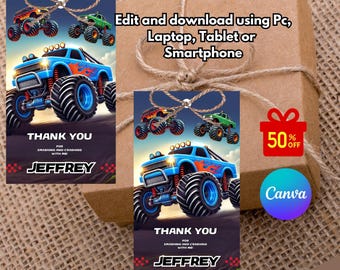 editable Monster Truck Thank you Tags, Monster truck Thank you tag, favor thank you tag, goodie bag thank you tag, digital printable