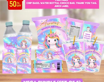 May include: A set of printable party supplies featuring a unicorn theme. Includes chip bags, water bottle labels, chocolate bar wrappers, thank you tags, and juice labels. The design features a unicorn, rainbows, and the text "Magical Birthday".