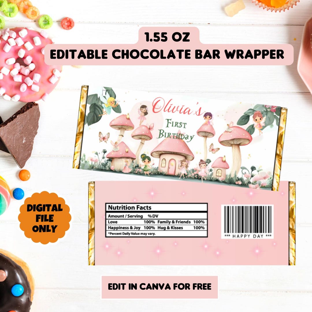 Wrapper Girl Editable Fairy Chocolate Wrapper Girl Birthday Decor Whimsical ...