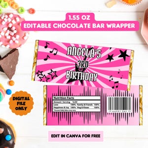 Editable Pink Rock Star Birthday Party Custom candy bar, Born to Rock party, Party Like A Rockstar chocolate Candy Bar wrapper Digital