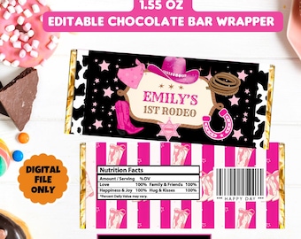 Envoltorio editable para barra de chocolate de primer rodeo de vaquera, cumpleaños rosa del oeste, envoltorio para barra de chocolate de cumpleaños de vaquera, fiesta country del oeste editable