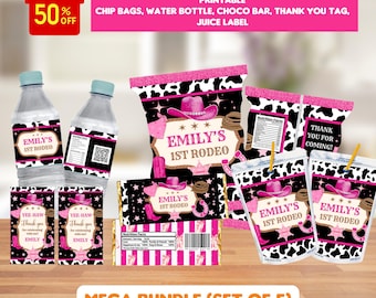 May include: A set of printable party supplies with a rodeo theme. Includes water bottle labels, chip bags, juice labels, and chocolate bar wrappers. Designs feature a pink cowboy hat, rope, and the text "Emily's 1st Rodeo".