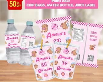 Bearbeitbare Capybara Geburtstagsparty Bundle Chip Taschen Saft Label Wasserflaschenetikett Geburtstag bearbeitbar Digitaler Download Capybara Party Set