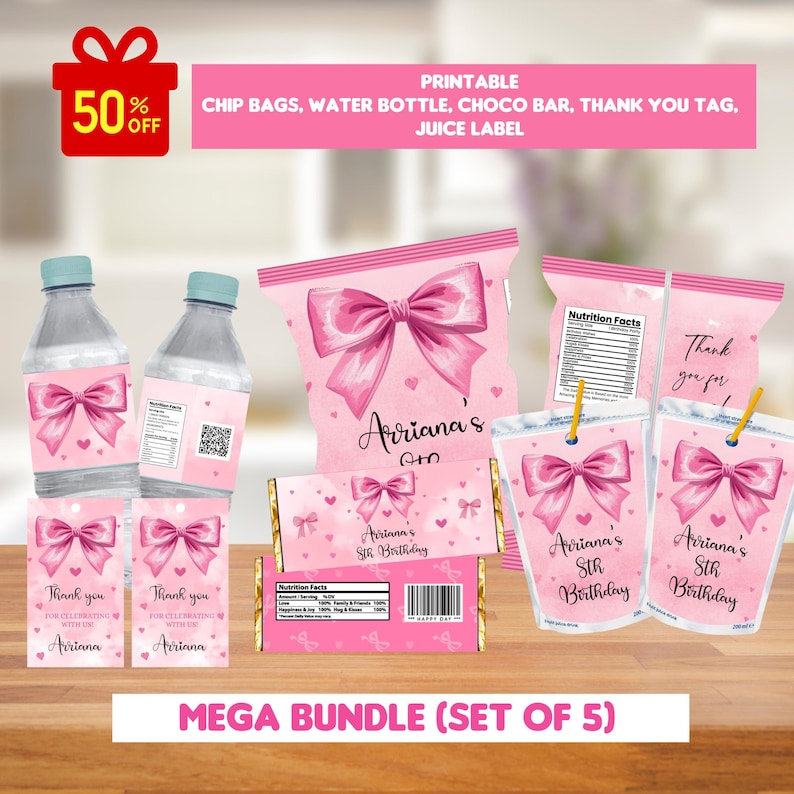 May include: A collection of pink party favors, including chip bags, water bottles, candy bar wrappers, thank you tags, and juice labels. Each item features a pink bow design and the name "Ariana". The image includes the text "MEGA BUNDLE (SET OF 5)".