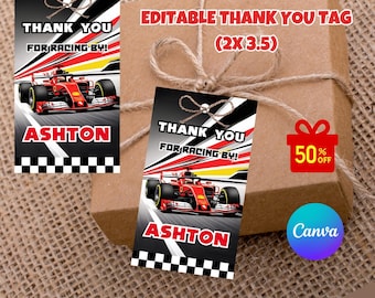 Étiquette de remerciement pour voiture de course rouge, modèle modifiable, rapide une étiquette de faveurs à imprimer pour voiture de course rouge, deux étiquette de cadeau d'anniversaire rapide déco, numérique