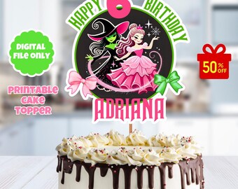 printable witch and princess cake topper, green witch cake topper, musical cake topper, princess and with cake decoration, digital file