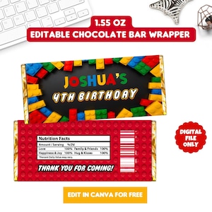 May include: A chocolate bar wrapper with a colorful Lego-themed design. The wrapper features the text "JOSHUA'S 4TH BIRTHDAY" and "THANK YOU FOR COMING!". The wrapper is labeled "1.55 OZ EDITABLE CHOCOLATE BAR WRAPPER".