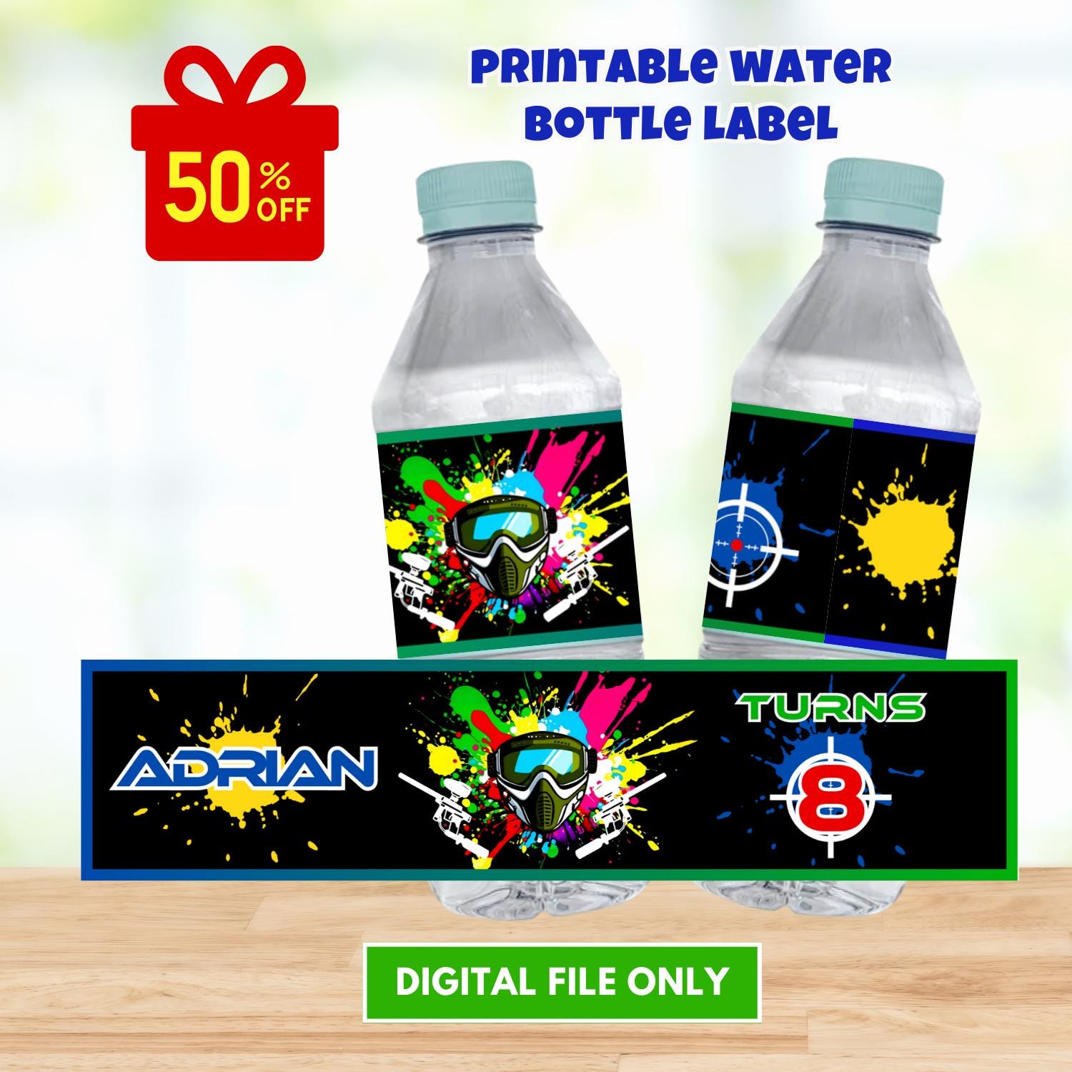 POP Parties Paintball Bottle Labels - 20 Waterproof 2x9 Inch Wraps, Game On Design For Paintball Party Decor