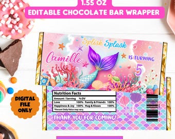 May include: A pink and purple mermaid-themed chocolate bar wrapper with the text "Splish Splash" and "Camille is turning 5." The wrapper includes a mermaid illustration and the text "Thank you for coming!" and "Edit in Canva for Free."