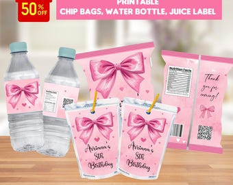 Paquete de lazo rosa, kit de fiesta de cumpleaños de coqueta rosa, bolsa para papas fritas, botella de agua, bolsita de jugo, bocadillos de fiesta personalizados, plantilla digital de Canva