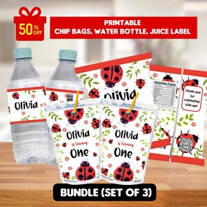 May include: A set of printable party supplies with a ladybug theme. Includes water bottle labels, juice box labels, and chip bag designs. The text "Olivia is turning One" is displayed on the juice box labels. The bundle is a set of 3.