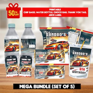 Race Cars Party Favor Template Bundle - Water bottle, chocolate bar, juice pouch, chip bags, thank you tag, editable customizable template
