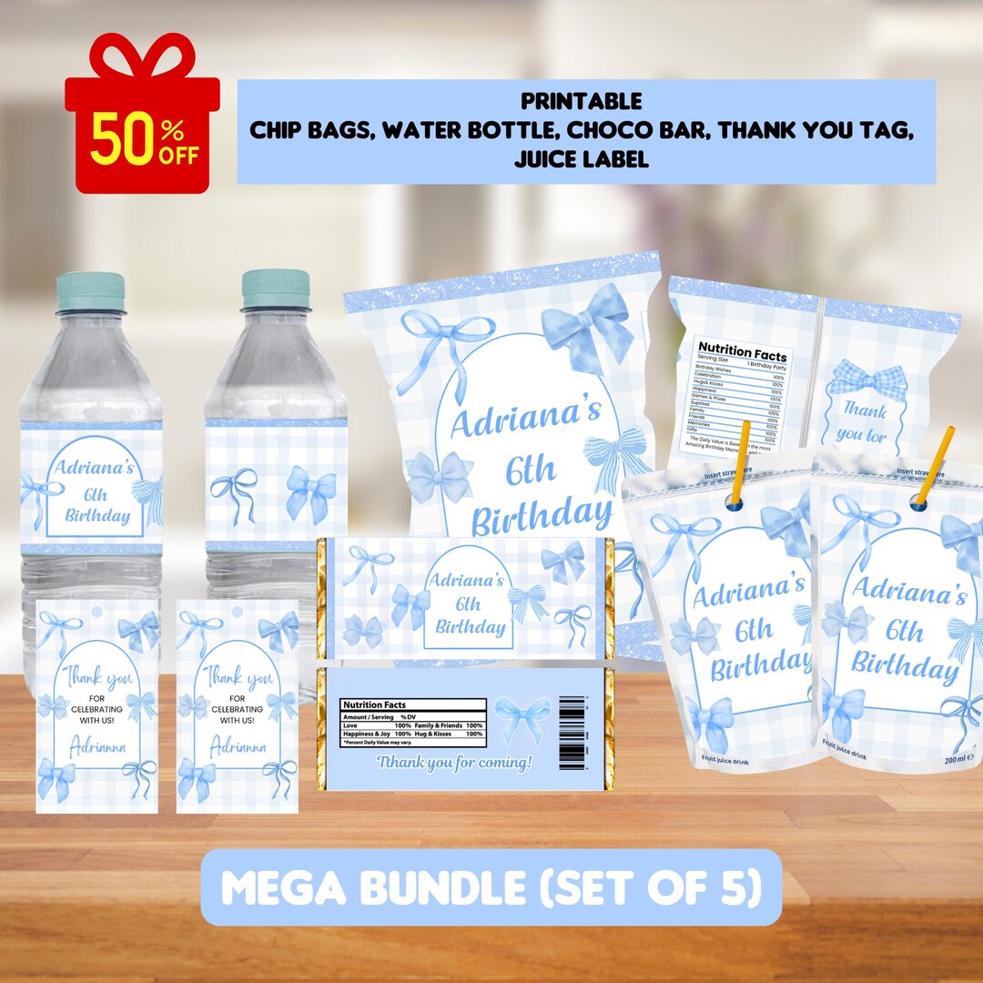 Blue Bow Bundle, Blue Coquette Birthday Party Kit, Chip Bag, Water ...