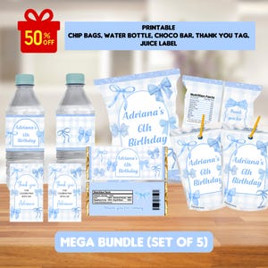 May include: A printable birthday party set featuring water bottles, chip bags, juice labels, and a chocolate bar, all adorned with blue bows and the text "Adriana's 6th Birthday." The set includes thank you tags and a "Mega Bundle" label.