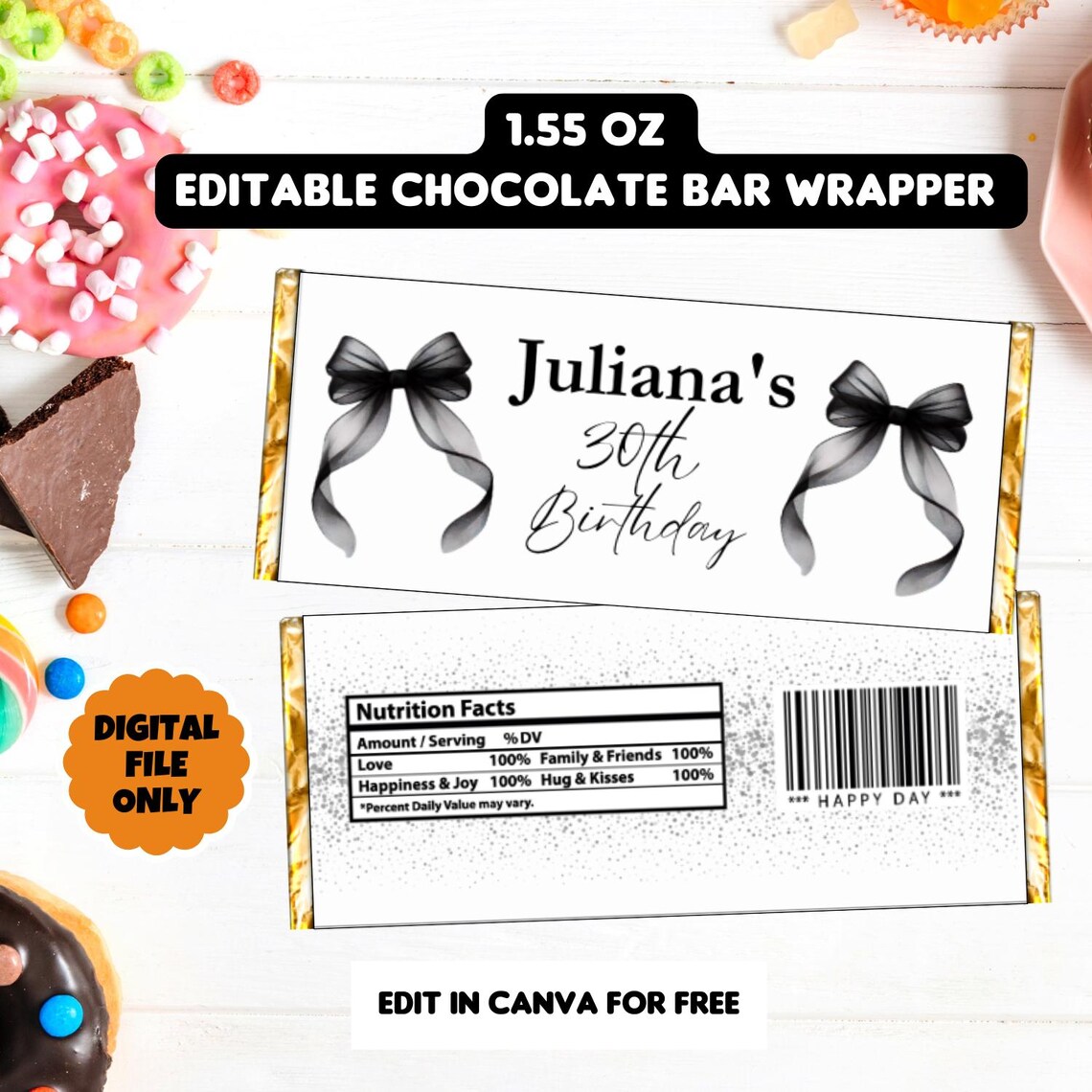 Black Bow Chocolate Wrapper | Editable Candy Bar Wrapper for Parties ...