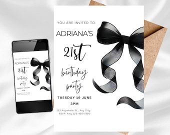 Black Bow Birthday Invitation Template, Minimalist Black Bow Birthday Invite, Black Ribbon Coquette 30th 40th 50th Birthday Party