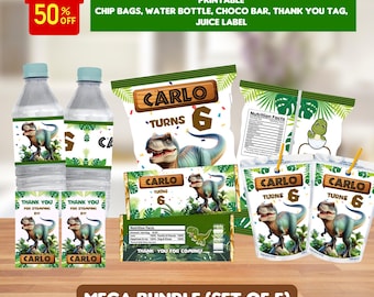 t-rex birthday party bundle, Dinosaur birthday party bundle labels, chip bag, water bottle , juice label, chocolate wrapper, thank you tag