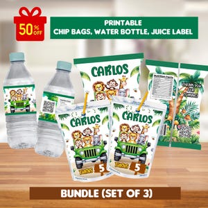 Safari Party Bundle Printable Template Wild one birthday full Package Pack, chip bag, water label, juice label, zoo animals, jungle party