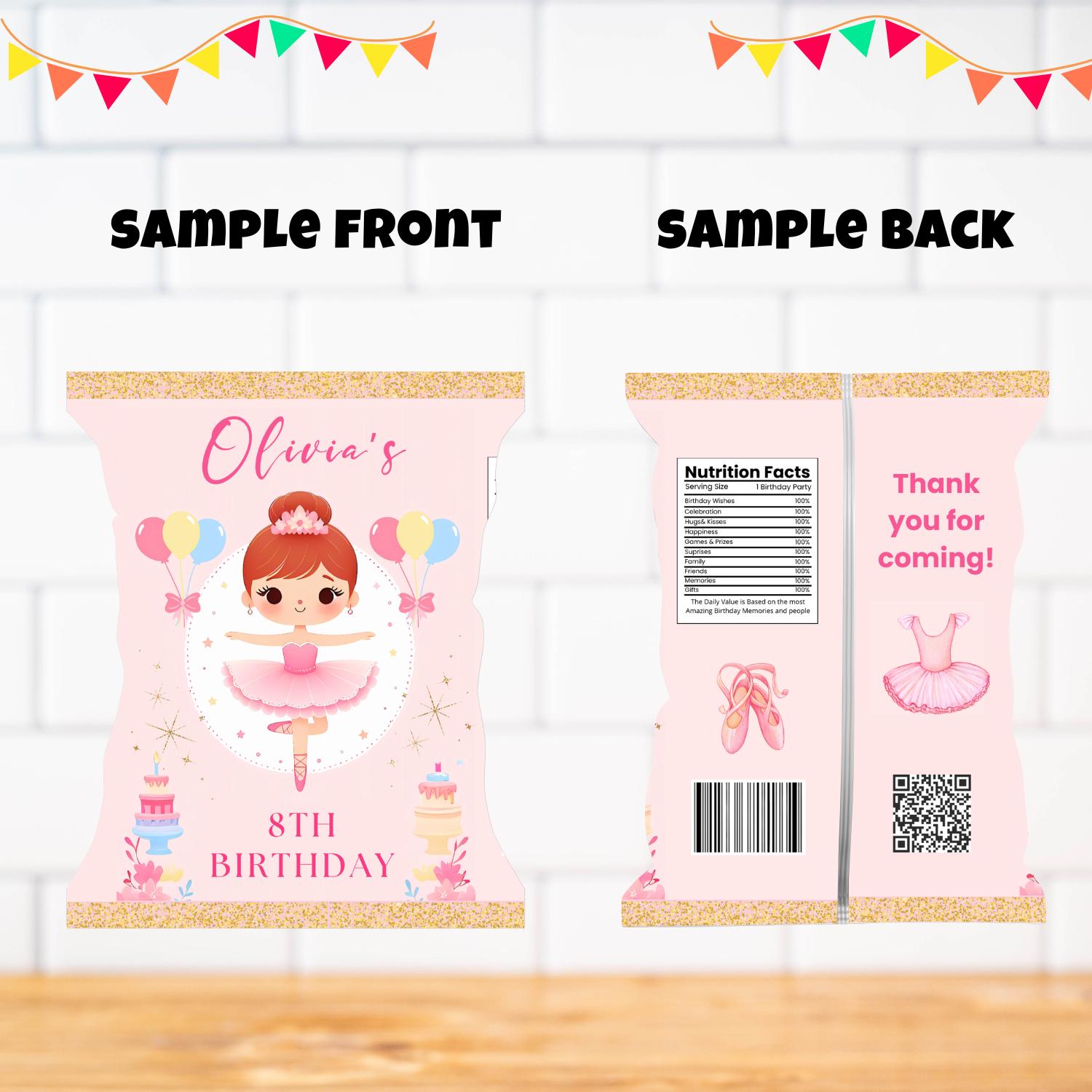 Editable Ballerina Chip Bag Wrapper, Pink and Gold Ballet Birthday ...