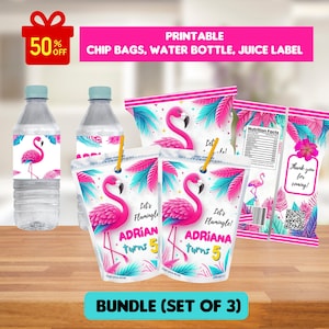 May include: A party bundle featuring a pink flamingo theme. Includes water bottles, chip bags, and juice pouches with flamingo graphics and the text "Let's Flamingle!" and "ADRIAN turns 5". The set also includes a "Thank you for coming!" tag.